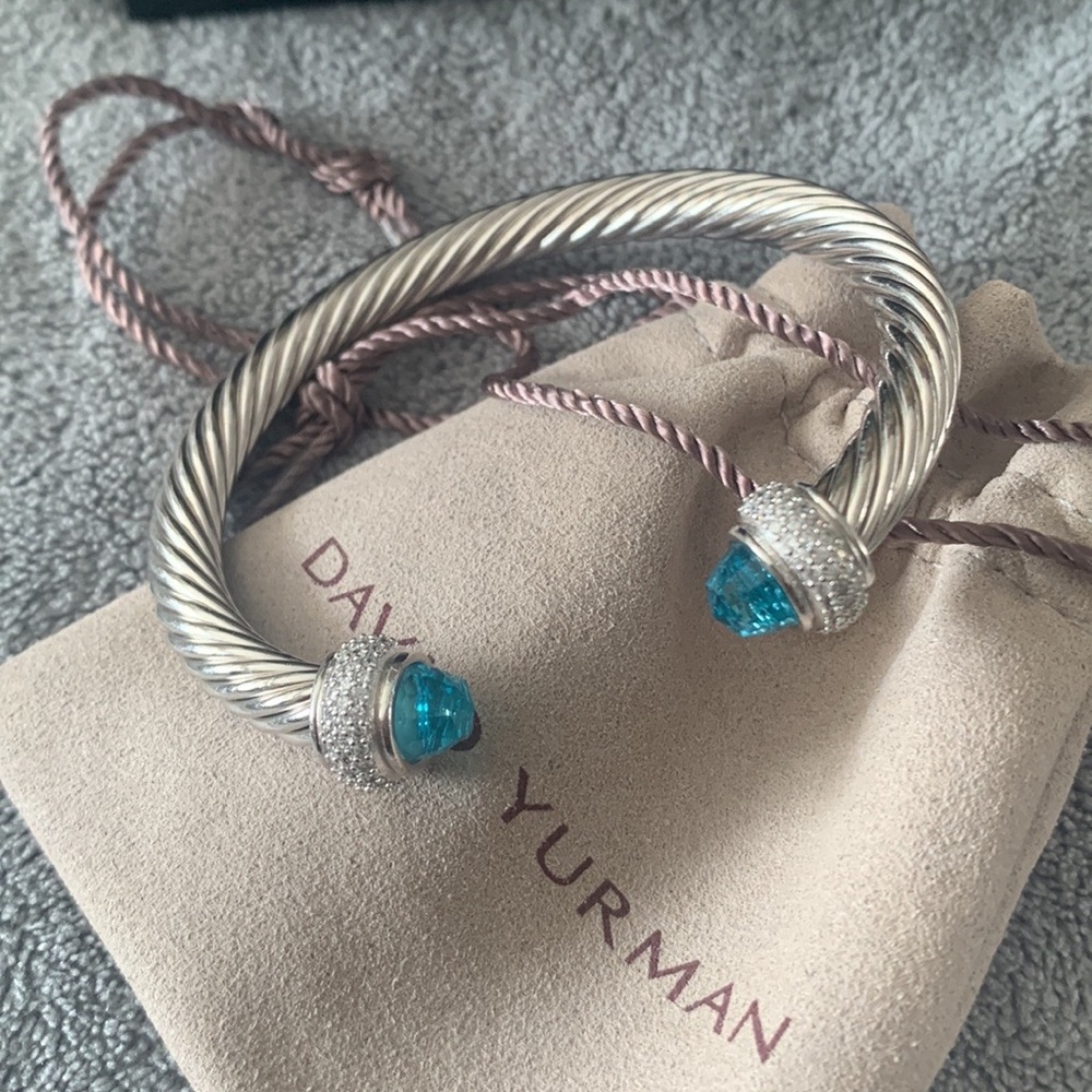 David Yurman Silver Cable Bracelet with Blue Topaz Terminals - Picture 7 of 10